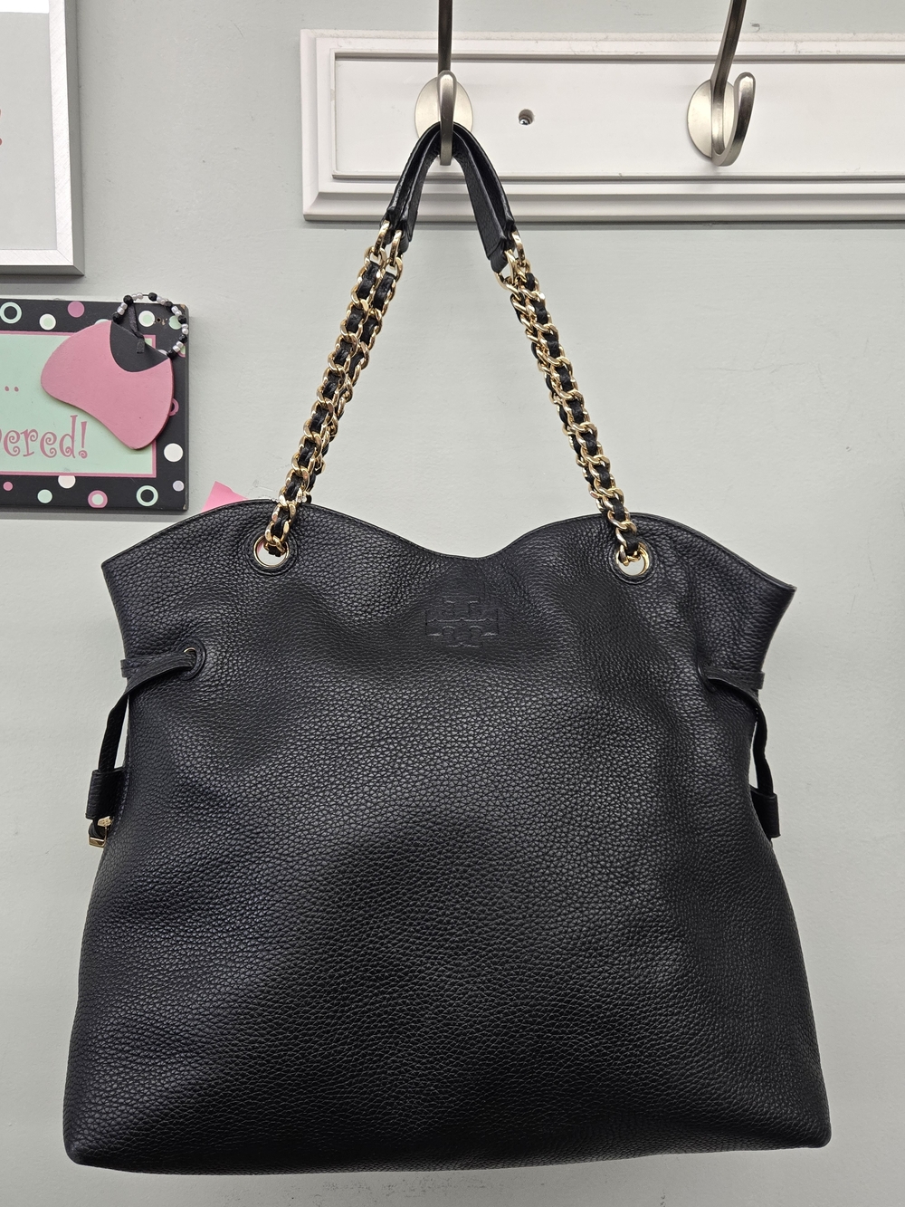 Tory Burch Black Pebbled Leather Chain-Strap Hobo